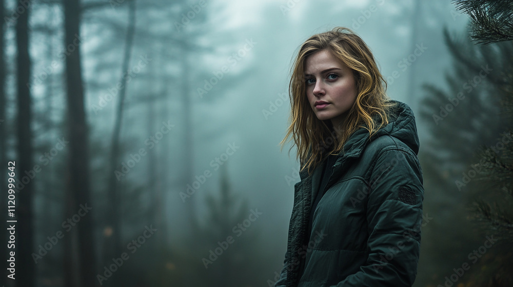 Young woman standing in a foggy forest, surrounded by tall trees and a mysterious atmosphere Young woman standing in a foggy forest, surrounded by tall trees and a mysterious atmosphere