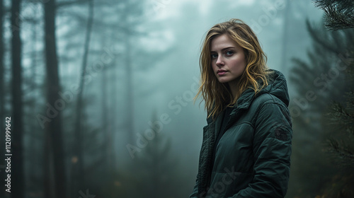 Young woman standing in a foggy forest, surrounded by tall trees and a mysterious atmosphere