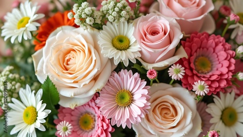 Pastel Spring Bouquet, Close-up of Roses, Daisies, and Gerbera Daisies in a Vibrant Floral Arrangement, Perfect for Weddings and Romantic Garden Settings