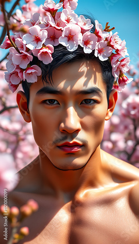 handsome man model in the flower garden