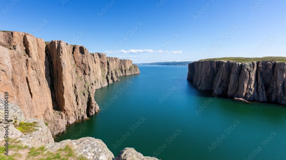 Scenic view of cliffs beside a tranquil body of water. Scenic view of cliffs beside a tranquil body of water.