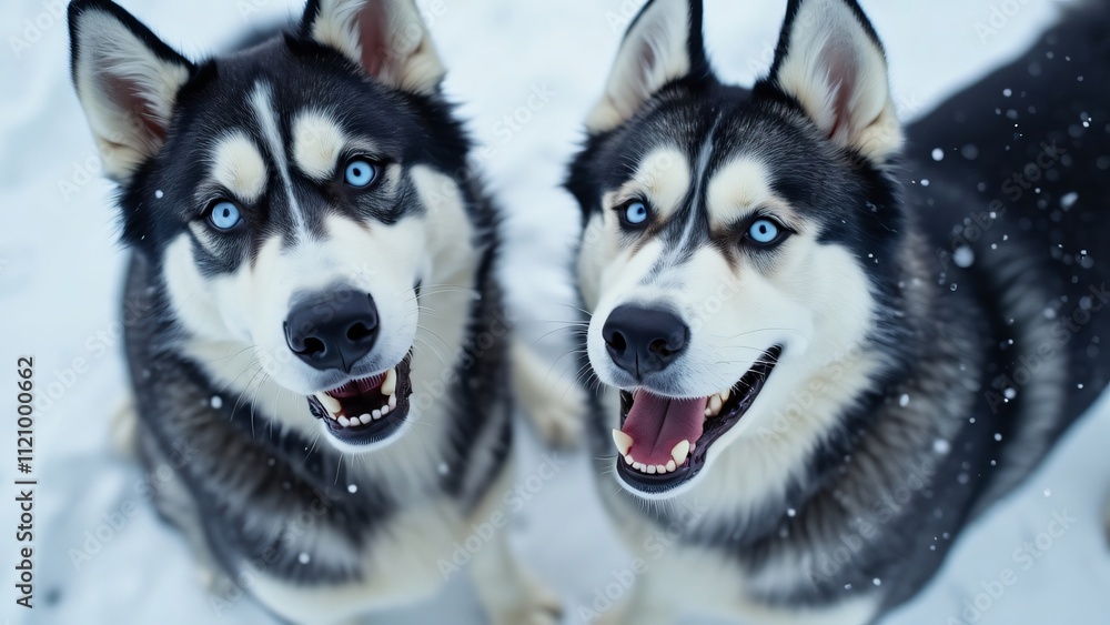 Obraz premium Adorable Siberian Huskies in Winter Wonderland, Close-up of Two Playful Dogs with Striking Blue Eyes, Smiling and Posing in Snowy Landscape