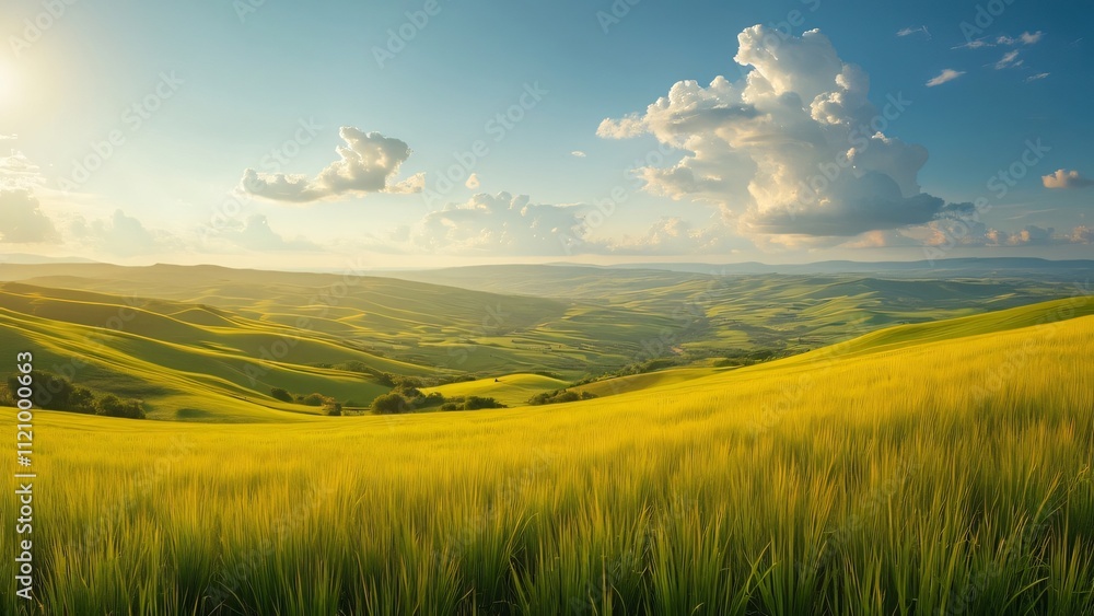 Serene Panoramic Landscape, Glowing Golden Fields under a Blue Sky Serene Panoramic Landscape, Glowing Golden Fields under a Blue Sky