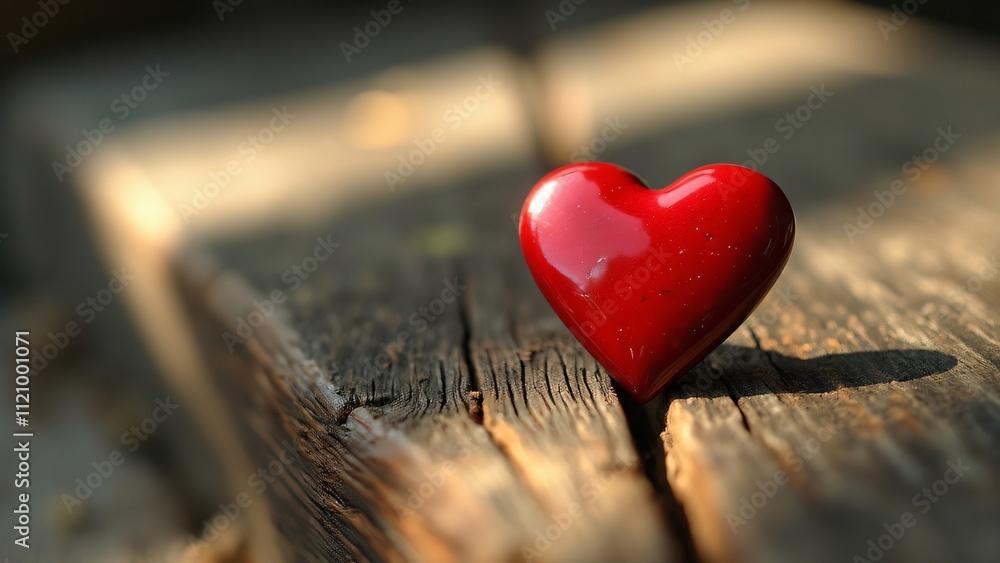 Fototapeta premium Red Heart Shaped Pin on Rustic Wooden Table, Sunlit Romance