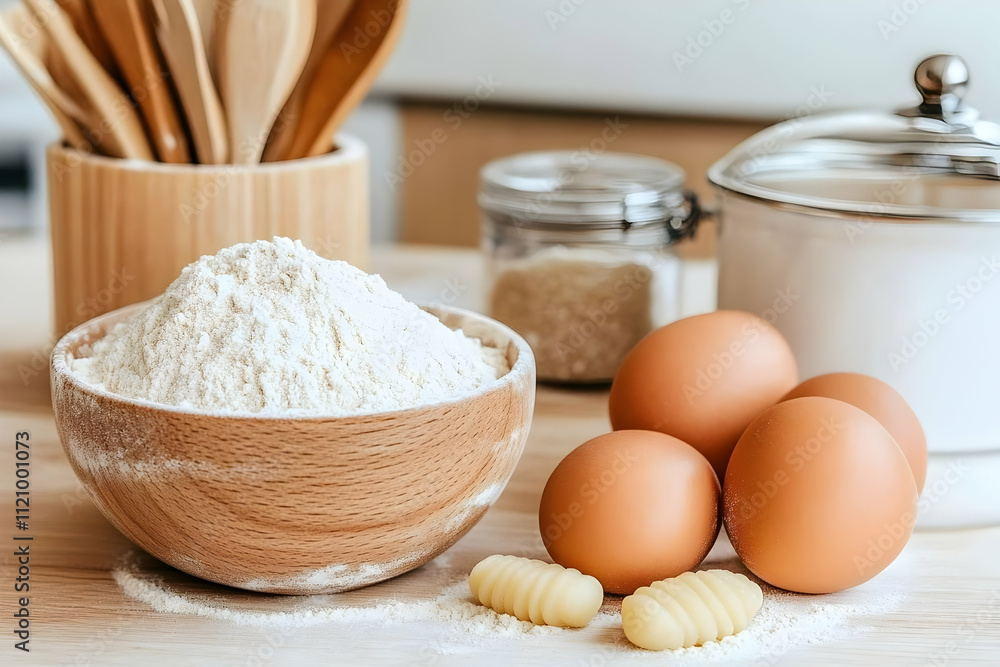 Wooden bowl of flour, eggs, and gnocchi on kitchen counter. Wooden bowl of flour, eggs, and gnocchi on kitchen counter.