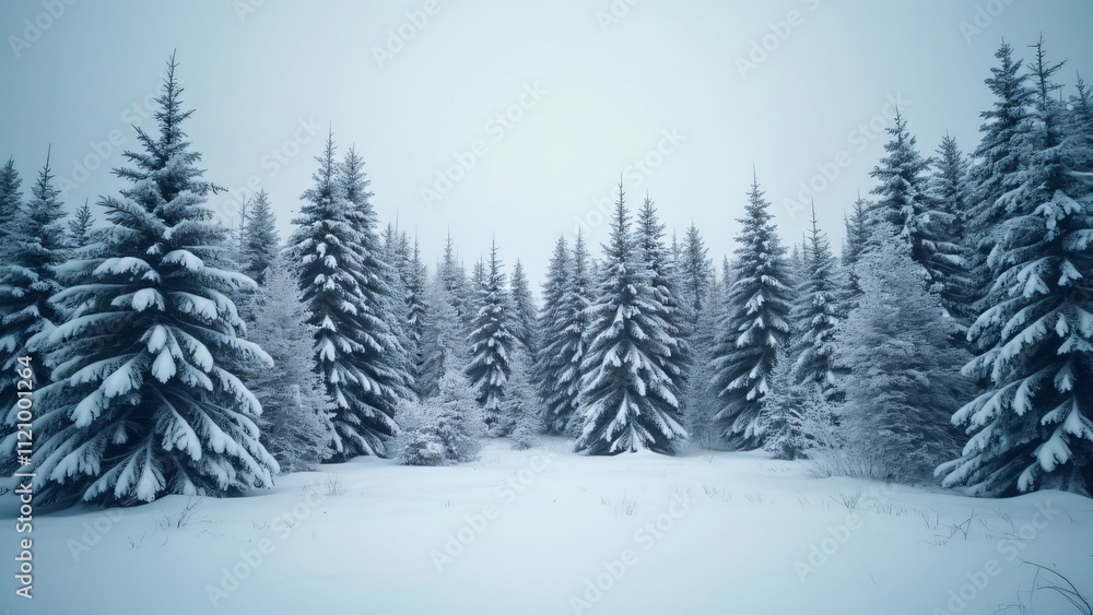 Stunning Panoramic View of a Snow Covered Pine Forest in Winter Stunning Panoramic View of a Snow Covered Pine Forest in Winter