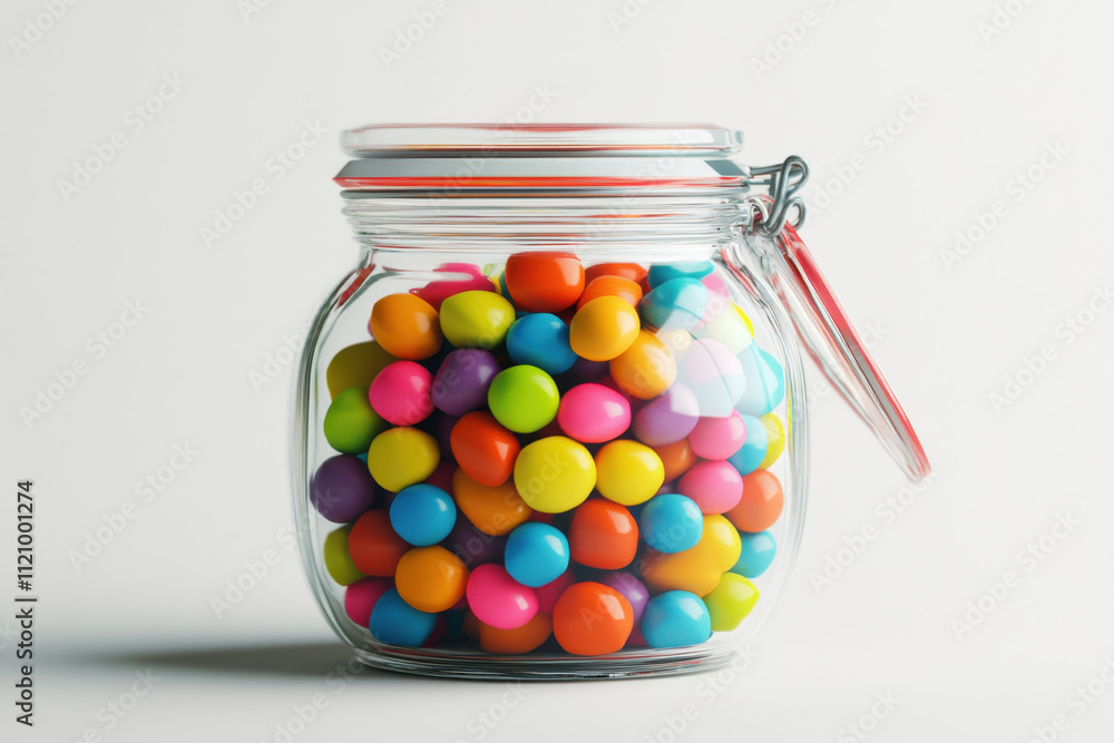 Colorful candy-coated chocolates in a glass jar with a red seal against a white background, showcasing vibrant hues of blue, orange, pink, yellow, and green. Colorful candy-coated chocolates in a glass jar with a red seal against a white background, showcasing vibrant hues of blue, orange, pink, yellow, and green.