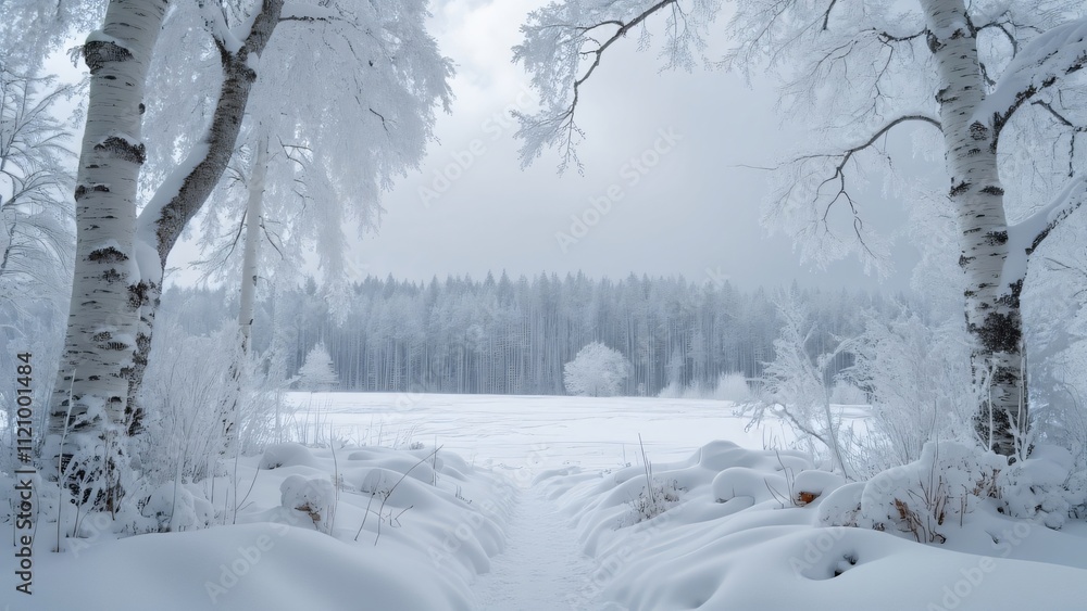 Majestic Winter Birch Trees, Snow-Covered Branches, Expansive Snowy Landscape, Frozen Forest Majestic Winter Birch Trees, Snow-Covered Branches, Expansive Snowy Landscape, Frozen Forest