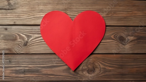 Elegant Red Paper Heart on Rustic Wooden Background, Valentines Day, Love, Romance Concept