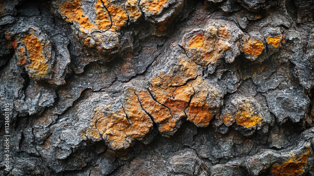 Close-up view of textured tree bark showcasing vibrant orange lichen and natural patterns Close-up view of textured tree bark showcasing vibrant orange lichen and natural patterns