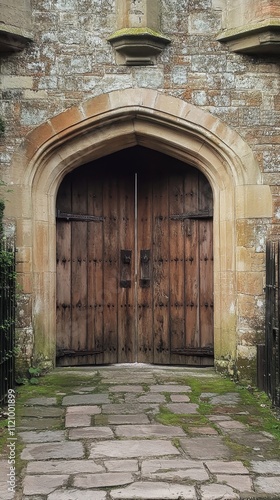 Antique Wooden Doors with Stone Pathway