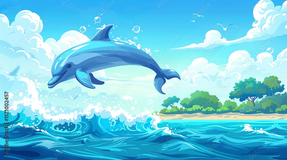 Obraz premium Dolphin leaping from ocean waves near shore.
