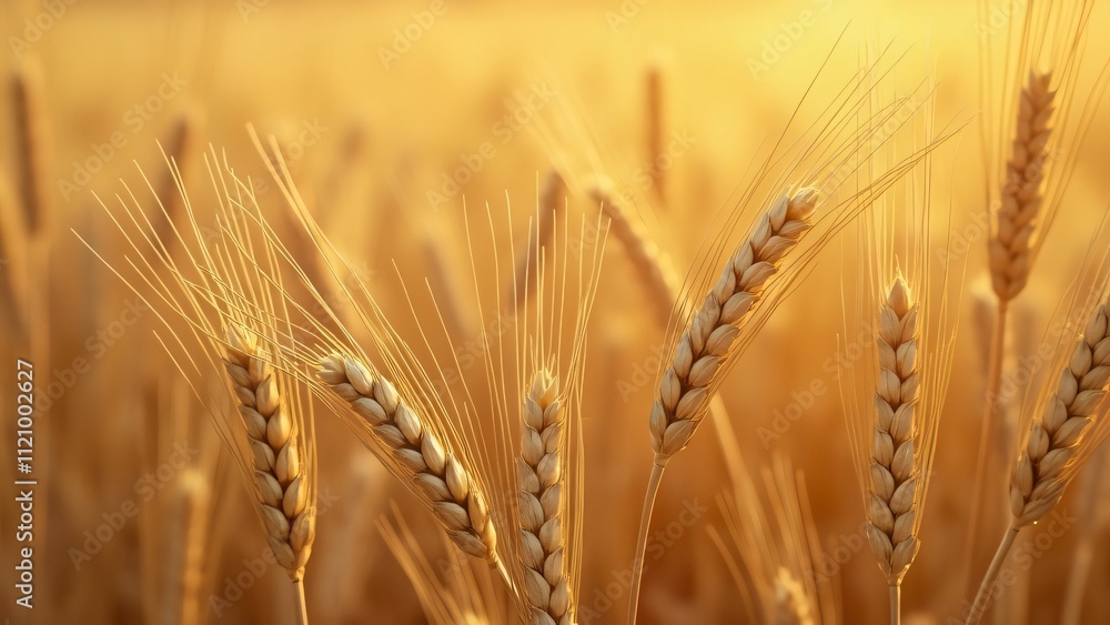 Fototapeta premium Golden Wheat Field, Close-Up of Ripe Grain, Sunlit Harvest, Agriculture Background, High-Resolution Image