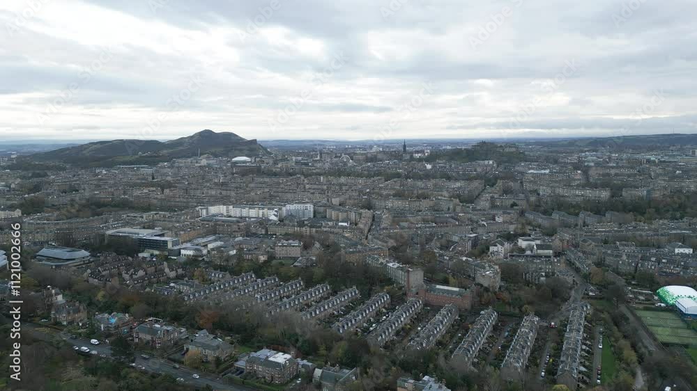 Edinburgh, Scotland, Aerial View of Cityscape, Aerial Backwards Edinburgh, Scotland, Aerial View of Cityscape, Aerial Backwards