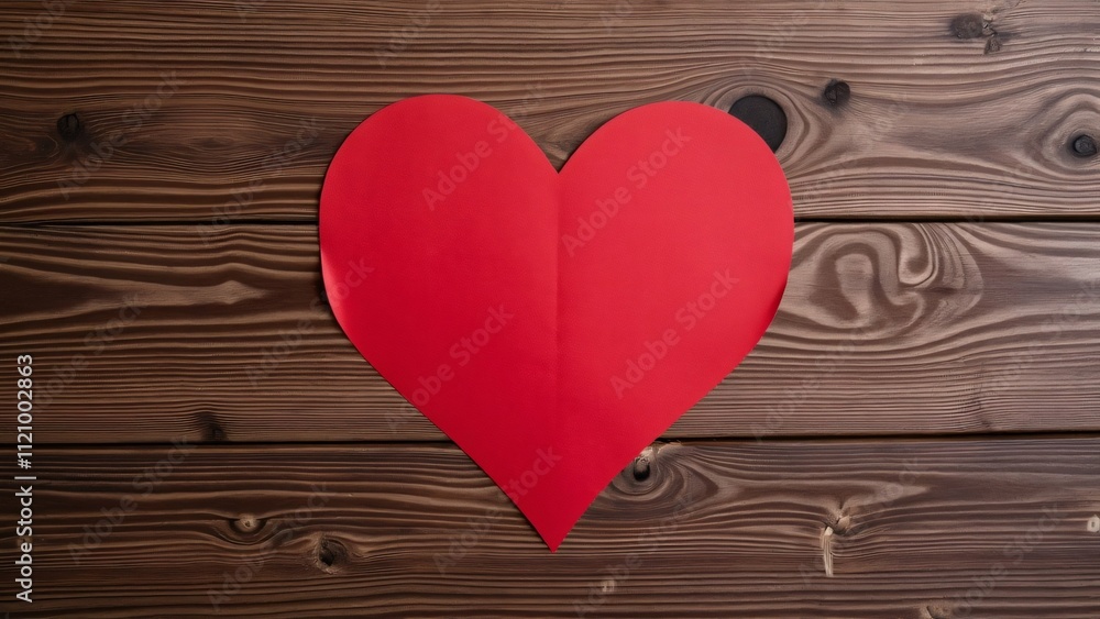 Overhead View, Red Paper Heart on Rustic Wooden Table - Valentine's Day Design