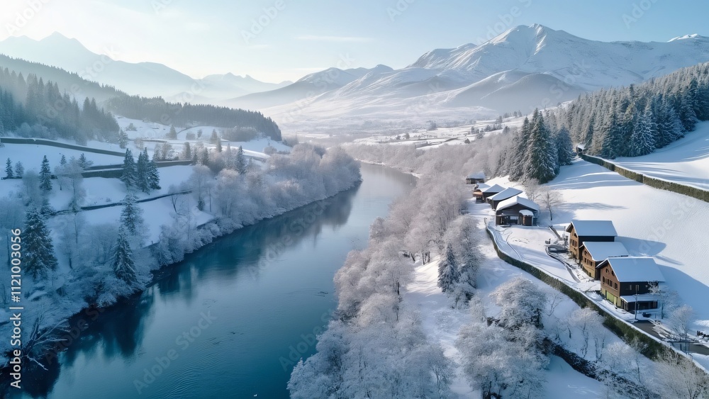 Aerial Panoramic, Snowy White Solder River, Medieval Walls, Winter Wonderland Aerial Panoramic, Snowy White Solder River, Medieval Walls, Winter Wonderland