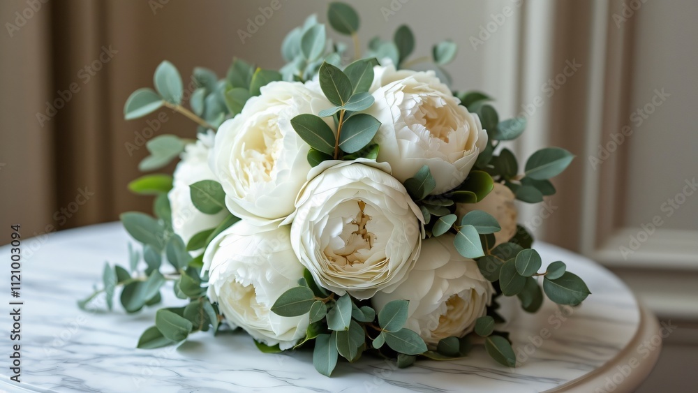 Obraz premium Elegant White Peony & Eucalyptus Bridal Bouquet on Marble Table, Wedding Flower Delivery Image