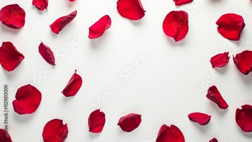 Romantic Red Rose Petals Scattered on White Background, Flat Lay Product Photography