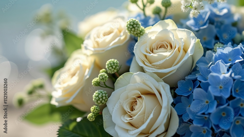 Obraz premium Stunning Beach Wedding Bouquet, Close-up of White Roses & Blue Hydrangeas