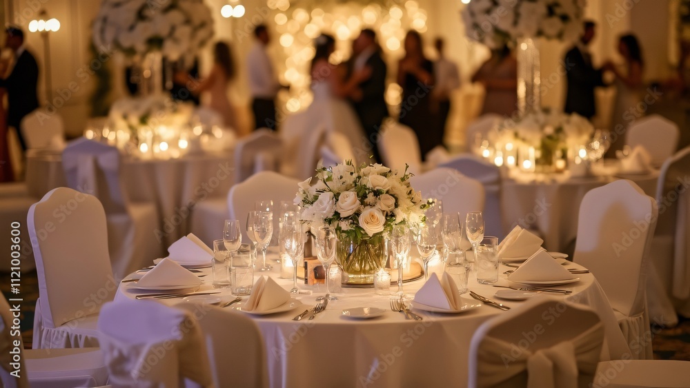 custom made wallpaper toronto digitalElegant White Wedding Reception Banquet Hall, Nighttime Indoor Event with White Flowers, Candles, and Dancing Guests