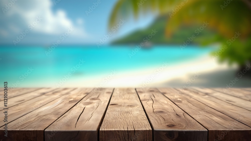 Rustic Wooden Tabletop Over Tropical Beach Background, Sunny Island Paradise Scene Rustic Wooden Tabletop Over Tropical Beach Background, Sunny Island Paradise Scene