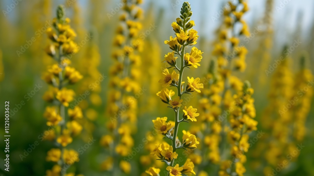 Obraz premium Macro Photography of Tansy Flowers, Close-up of Small Yellow Blooms on Tall Stalks, Common Garden Plant with Healing Properties, Detailed Botanical Stock Photo