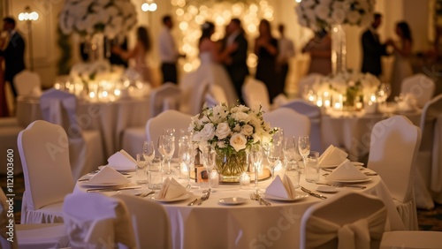 Elegant White Wedding Reception Banquet Hall, Nighttime Indoor Event with White Flowers, Candles, and Dancing Guests