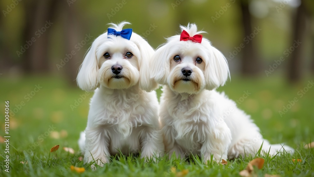 Adorable Maltese Dogs in Park, Two Fluffy White Puppies with Blue and Red Bows Sitting in Green Grass, Professional Photography Adorable Maltese Dogs in Park, Two Fluffy White Puppies with Blue and Red Bows Sitting in Green Grass, Professional Photography