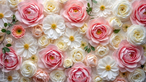 Stunning Floral Wall Backdrop, Pink & White Wedding Flowers, High-Resolution Top View Photography