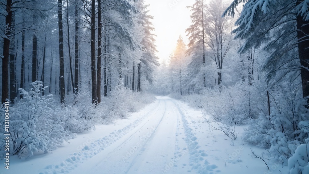 Obraz premium Serene Winter Wonderland, Snow-Covered Forest Path to Horizon