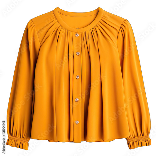 Bright yellow long-sleeve blouse with pleats and buttons  isolated on transparent background photo