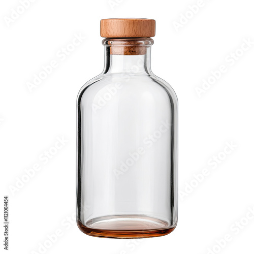 Clear glass bottle with wooden lid isolated on transparent background