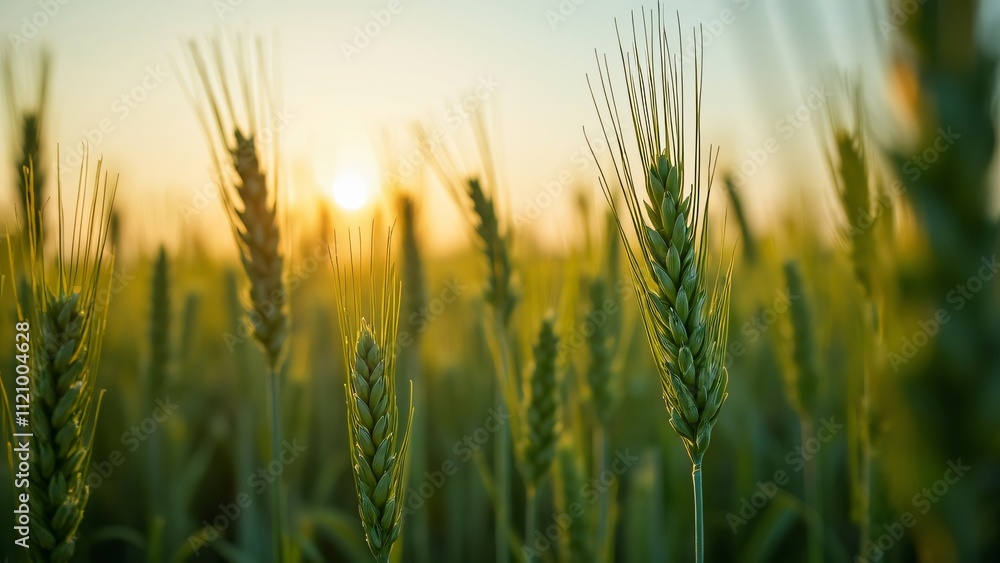 Golden Hour, Lush Green Wheat Field in Africa, Ground-Level View Golden Hour, Lush Green Wheat Field in Africa, Ground-Level View