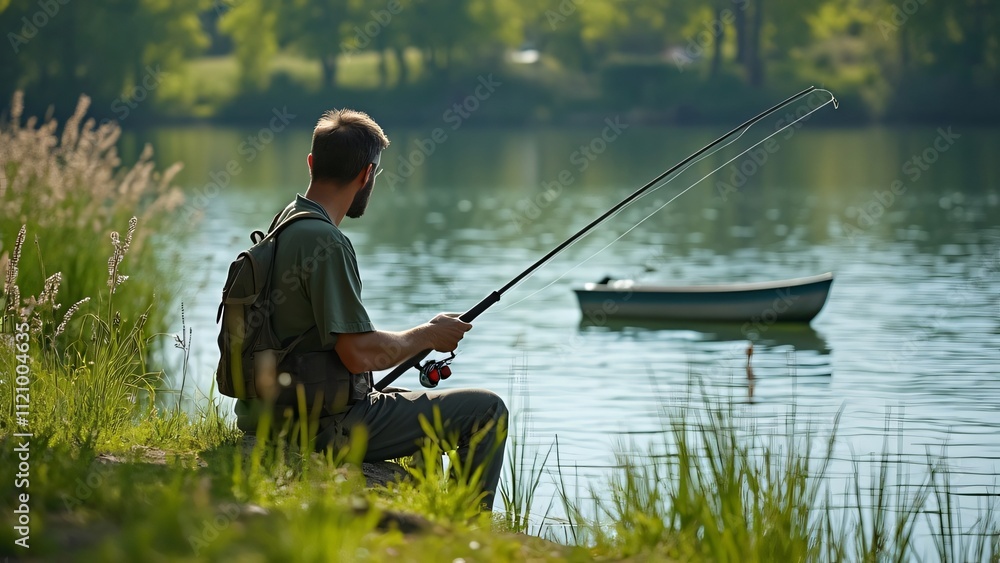 Man Fishing by Serene Lake, Summer Day Photorealistic Scene Man Fishing by Serene Lake, Summer Day Photorealistic Scene