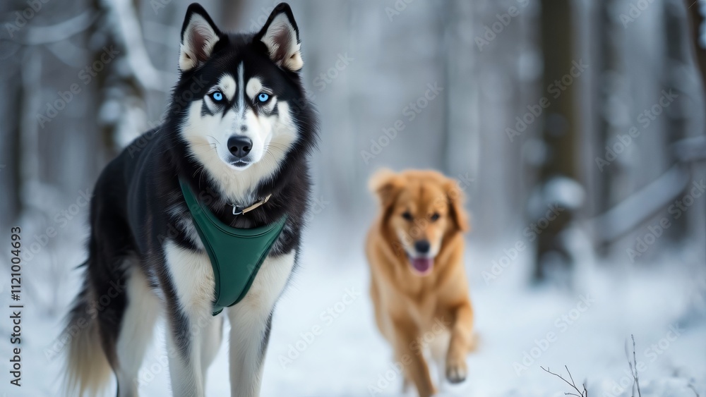 Stunning Black & White Husky with Blue Eyes in Snowy Winter Forest, Green Collar, Golden Retriever Running in Background - Stunning Black & White Husky with Blue Eyes in Snowy Winter Forest, Green Collar, Golden Retriever Running in Background -