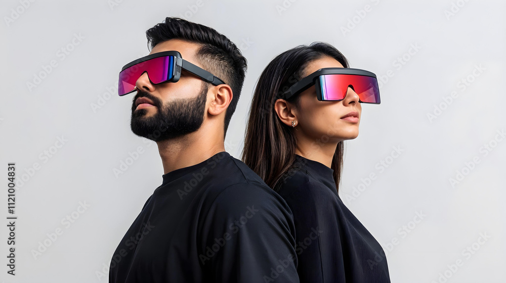 Futuristic Portrait Of Indian Couple In Black Outfits With Neon Visor Sunglasses generative ai Futuristic Portrait Of Indian Couple In Black Outfits With Neon Visor Sunglasses generative ai