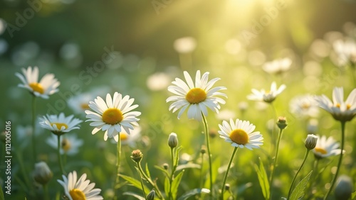 Vibrant Wild Meadow Daisies in Summer Sunlight, Close-up Photography of Blooming Flowers with Soft Blurred Background