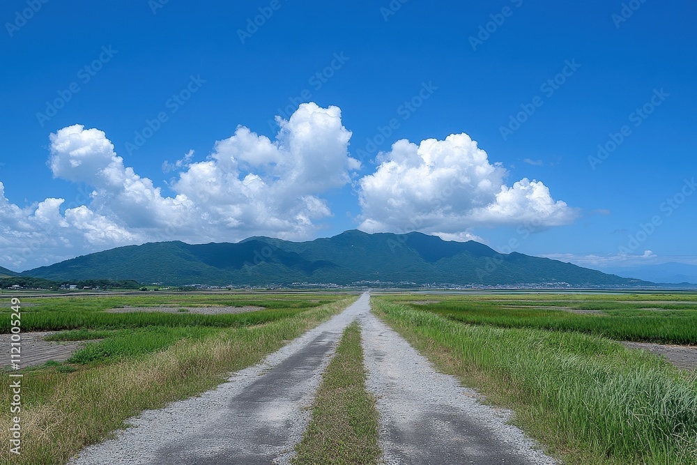 Serene country road leads to distant mountains under a bright blue sky with fluffy clouds. Ideal for travel, nature, and peaceful landscape themes. Serene country road leads to distant mountains under a bright blue sky with fluffy clouds. Ideal for travel, nature, and peaceful landscape themes.