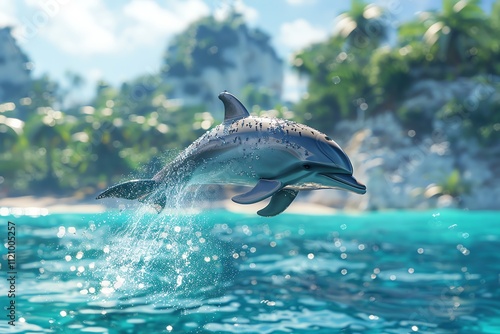 Dolphin leaping from turquoise water near tropical beach.