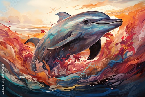 Dolphin leaping from vibrant ocean waves at sunset.