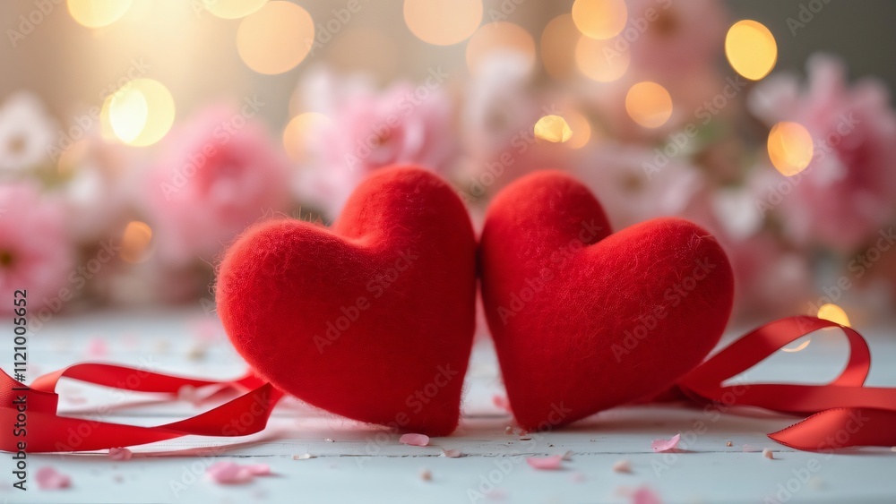 Two Red Felt Hearts with Ribbons on White Table, Romantic Valentine's Day Decor, Blurred Bokeh Lights and Flowers Background High Resolution Image Two Red Felt Hearts with Ribbons on White Table, Romantic Valentine's Day Decor, Blurred Bokeh Lights and Flowers Background High Resolution Image