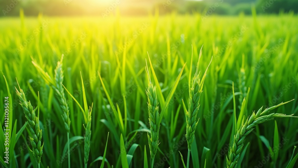 Obraz premium Lush Green Rice Paddy Field Background, Vibrant Close-up of Sunlit Rice Plants with Water Droplets, Idyllic Rural Landscape, Perfect for Banner or Cover Design