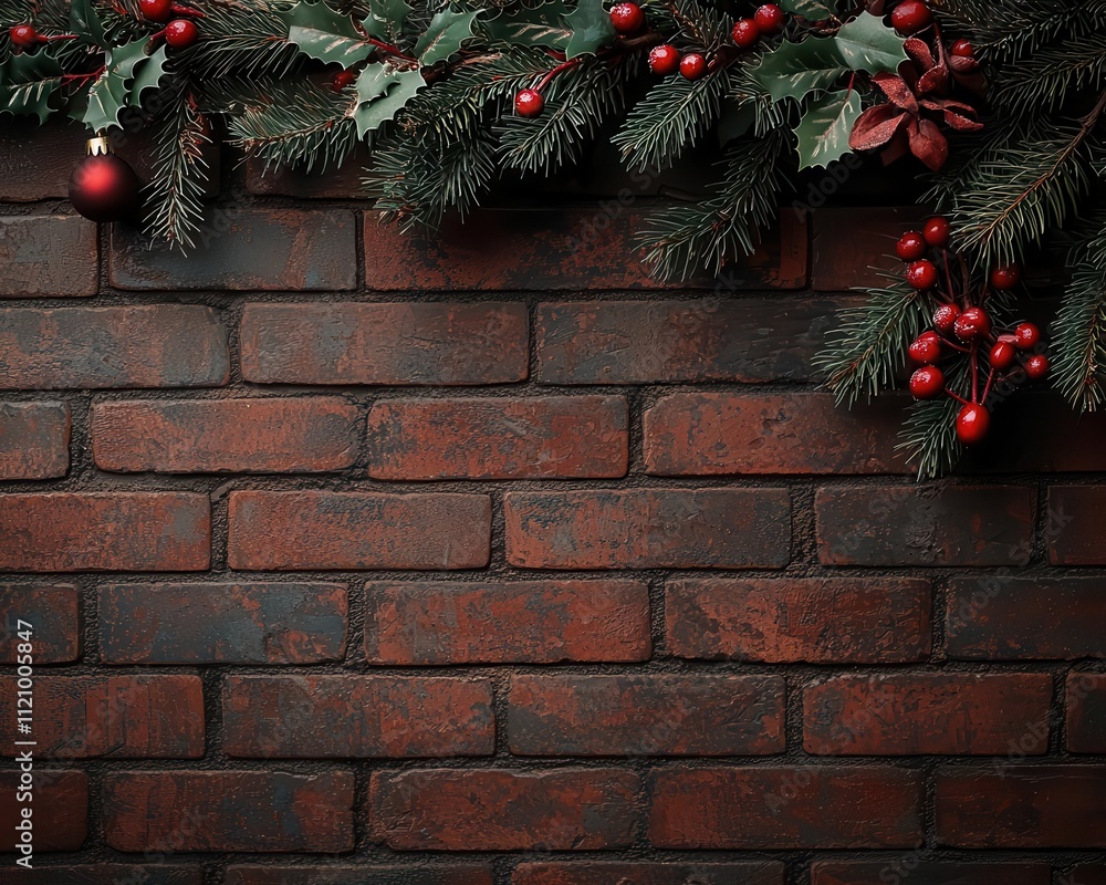 Historic brick wall with ornate patterns, Christmas garland and holly accents, cozy winter ambiance, vintage charm Historic brick wall with ornate patterns, Christmas garland and holly accents, cozy winter ambiance, vintage charm