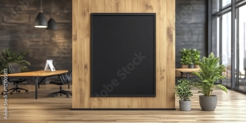 Wallpaper Mural Blank Black Poster Mockup on Wooden Wall in Modern Office Setting with Plants and Minimalist Decor Torontodigital.ca