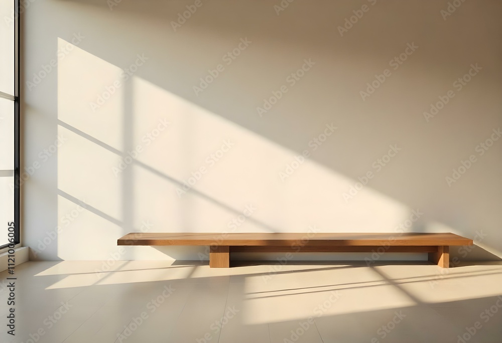 A wooden bench against a plain concrete wall with natural light casting shadows on the floor A wooden bench against a plain concrete wall with natural light casting shadows on the floor