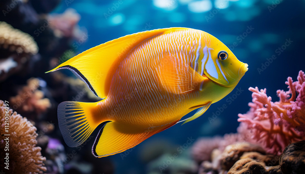Naklejka premium A vibrant yellow tang fish swims among colorful corals in a crystal-clear aquarium, mimicking its natural underwater habitat
