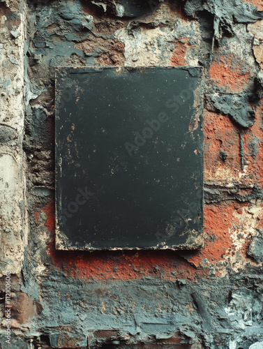 Dark rectangular metal plate affixed to a weathered brick wall. The contrast between the dark metal and the decaying brick creates a striking visual.