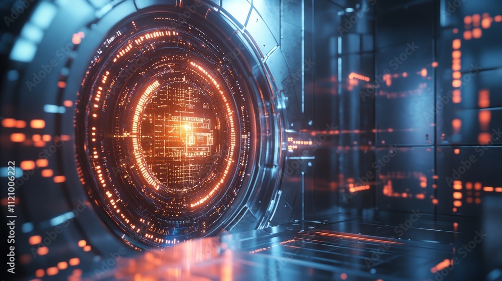 Futuristic portal with glowing orange and blue lights. Futuristic portal with glowing orange and blue lights.