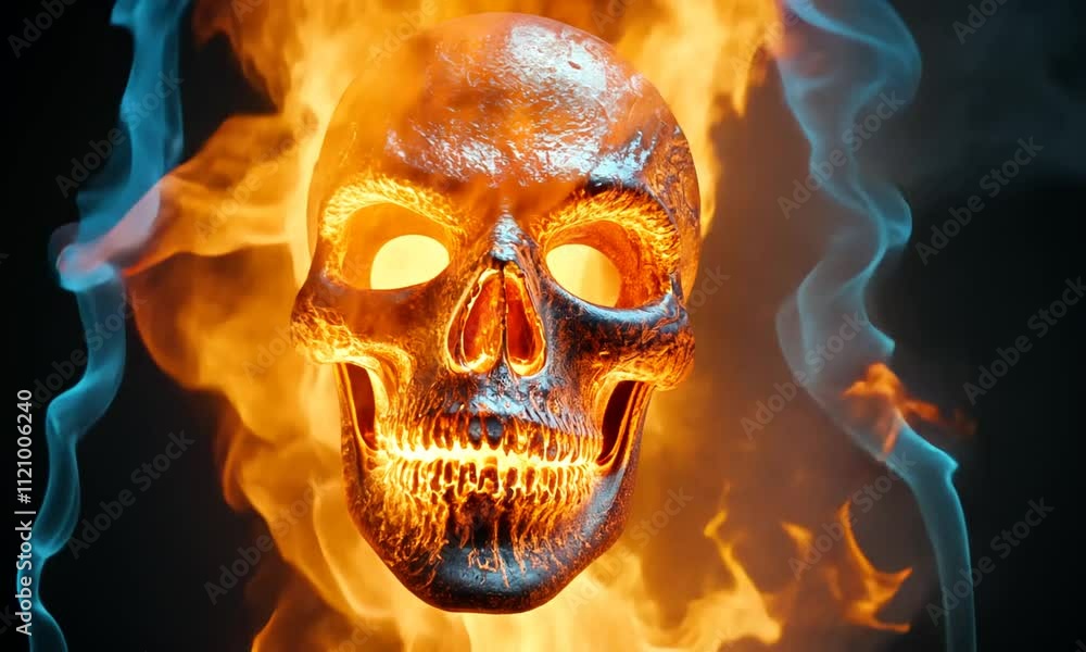 A fiery skull emerging from flames, symbolizing danger or destruction. A fiery skull emerging from flames, symbolizing danger or destruction.