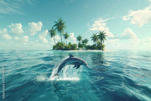 Dolphin leaping near tropical island. (2)